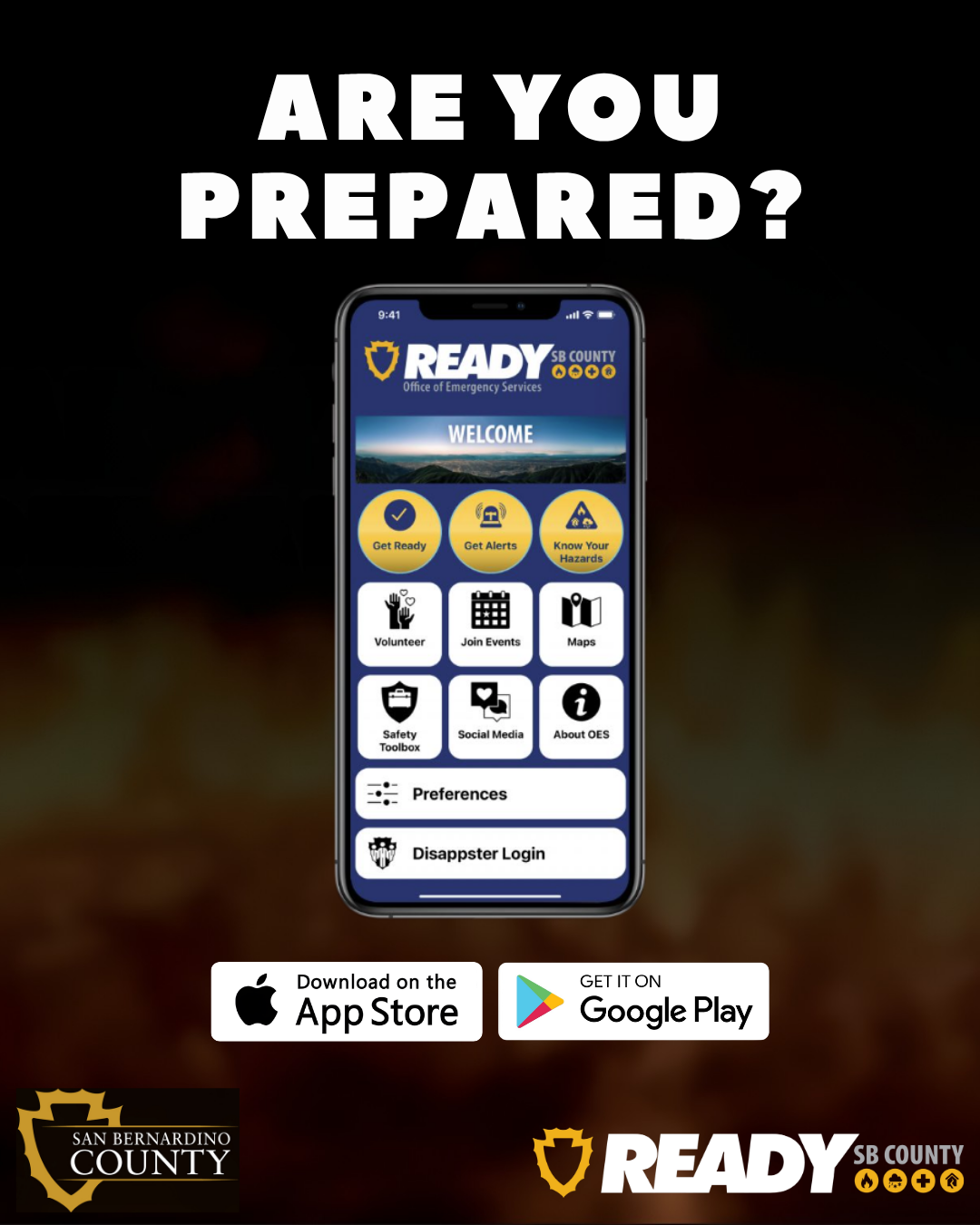 A graphic that says "Are you prepared?" displaying the San Bernardino Ready app on an iphone